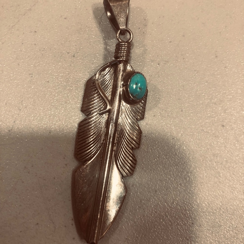 Sterling & turquoise feather pendant signed CC, pendant only